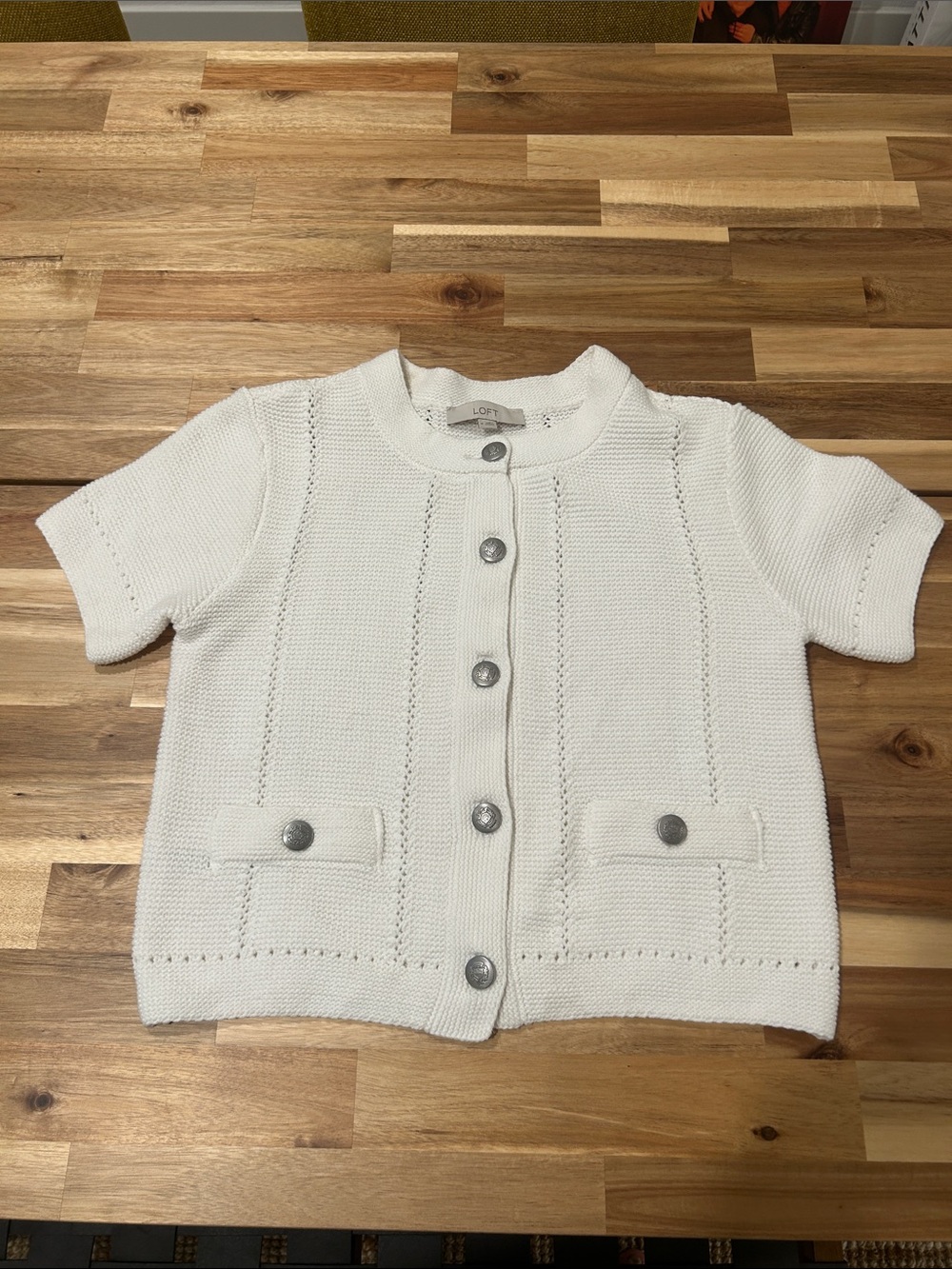LOFT White Short-Sleeve Button Front Knit Cardigan - Picture 7 of 7